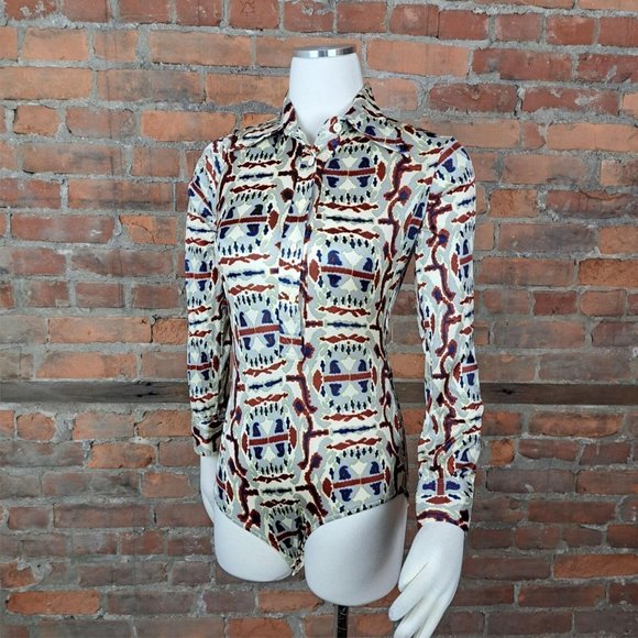 Vintage Bodysuit 1970s Retro Mod Gray Rust Ivory Print Pointy Collar Size L - Picture 1 of 6